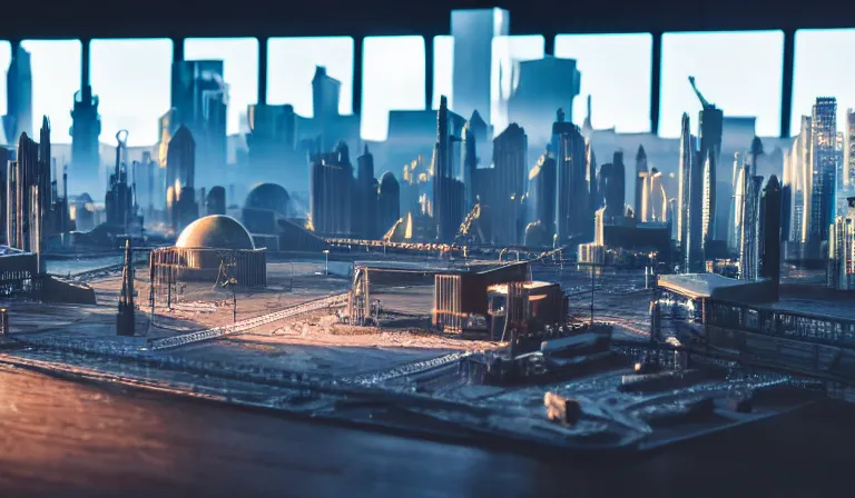 Image similar to large group of people in simple warehouse, looking at hologram of futuristic city on a table, cinematic concept art, godrays, golden hour, natural sunlight, 4 k, clear details, tabletop model buildings, center model buildings, hologram center, crane shot, crane shot, crane shot