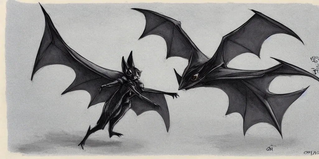 Prompt: A tall, handsome bat-like creature, wearing elegant clothes, landing gracefully, by Yoshitaka Amano