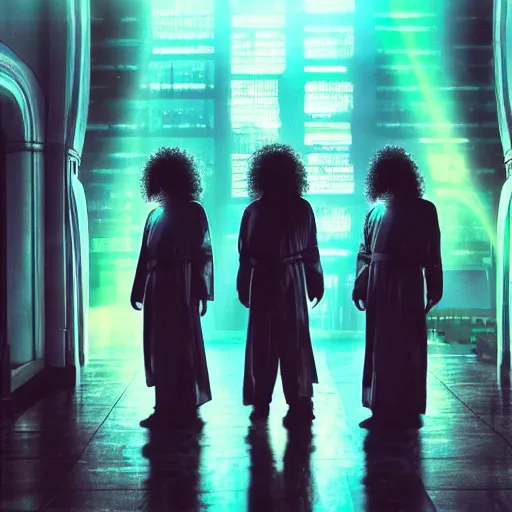 Prompt: electric warrior monks, robed, cyberpunk cathedral, special effects, neon, cyberpunk, realistic, cinematic style, visually stunning, 35mm, film post process