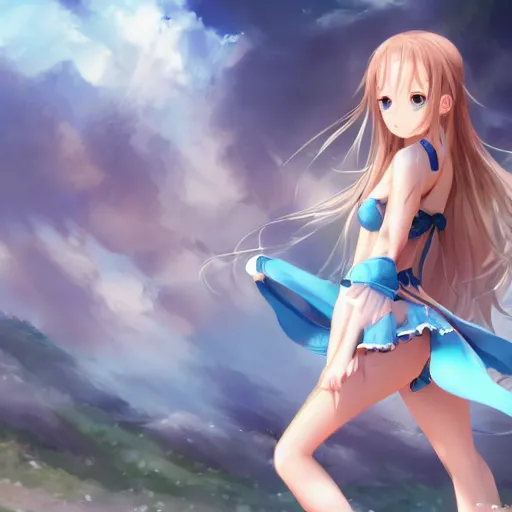 Image similar to a very beautiful young yuuki asuna, full body, long wavy blond hair, sky blue eyes, full round face,, bikini, miniskirt, front view, mid - shot, highly detailed, cinematic wallpaper by stanley artgerm lau