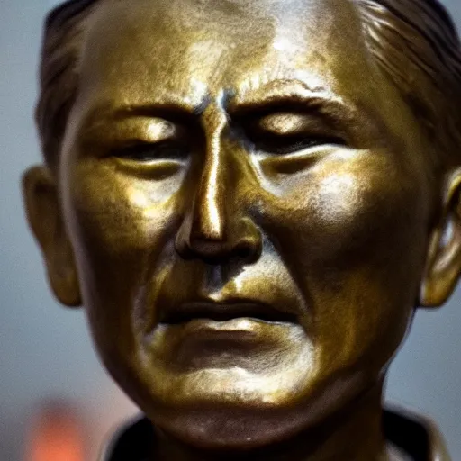 Image similar to close up shot of an old bronze patina statue of takeshi kitano in a museum