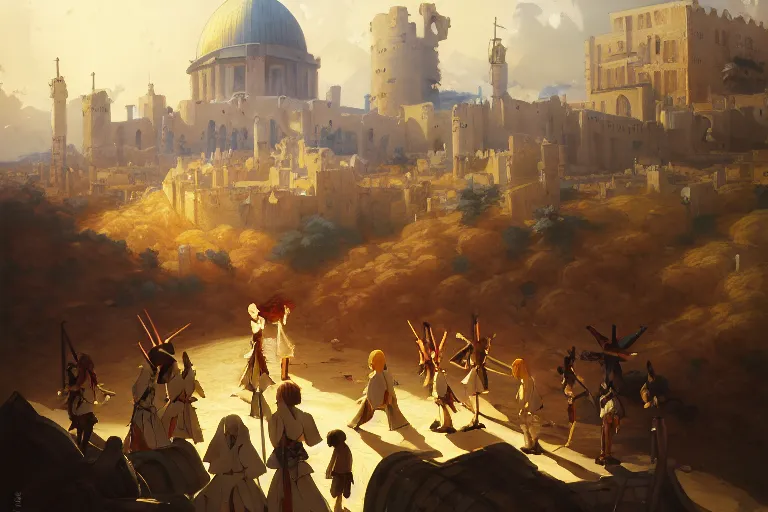 Image similar to baroque oil painting of key visual environment concept art of anime maids fighting a crusade in jerusalem, brutalist, dark fantasy, rule of thirds golden ratio, fake detail, trending pixiv fanbox, acrylic palette knife, style of makoto shinkai studio ghibli genshin impact jamie wyeth james gilleard greg rutkowski chiho aoshima