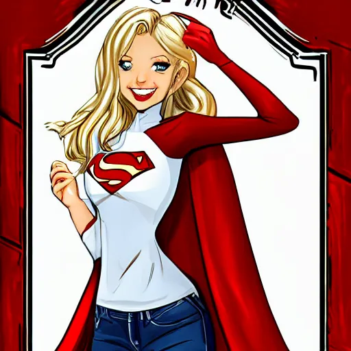 Image similar to !dream blonde super girl, wearing white shirt, red cape, rossdraws art style , smiling