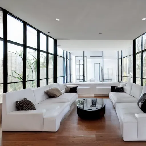 Prompt: A modern style living room with floor to ceiling glass windows on the left and on wooden stairs to the second floor on the right, two white sofas with a white marble table in the center, stairs to the second floor, 8k resolution, professional interior design photograph, wide angle photograph