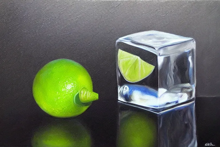 Prompt: award winning ultra - realistic!!! oil painting of an ice cube starting to melt next to a lime wedge!!!!, black!!! background