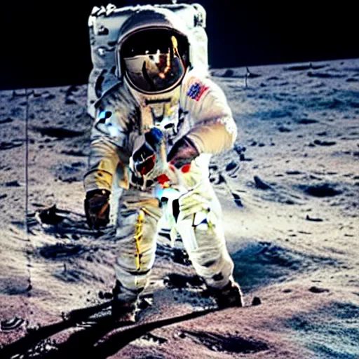 Prompt: An astronaut using a public payphone on the moon, NASA archival photo