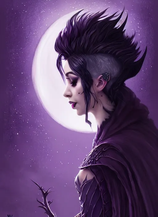 Image similar to moon in the background, side portrait dark witch!!!!!!!!!!, adventurer outfit large cloak, fantasy forest landscape, dragon scales, fantasy magic, undercut hairstyle, short purple black fade hair, dark light night, intricate, elegant, sharp focus, illustration, highly detailed, digital painting, concept art, matte, art by WLOP and Artgerm and Greg Rutkowski and Alphonse Mucha, masterpiece