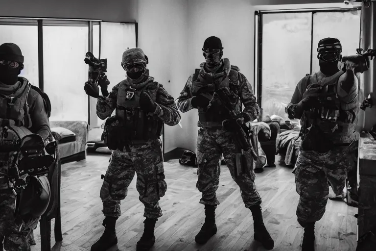 Image similar to Mercenary Special Forces soldiers in grey uniforms with black armored vest and black helmets fighting inside a mansion in 2022, Canon EOS R3, f/1.4, ISO 200, 1/160s, 8K, RAW, unedited, symmetrical balance, in-frame, combat photography