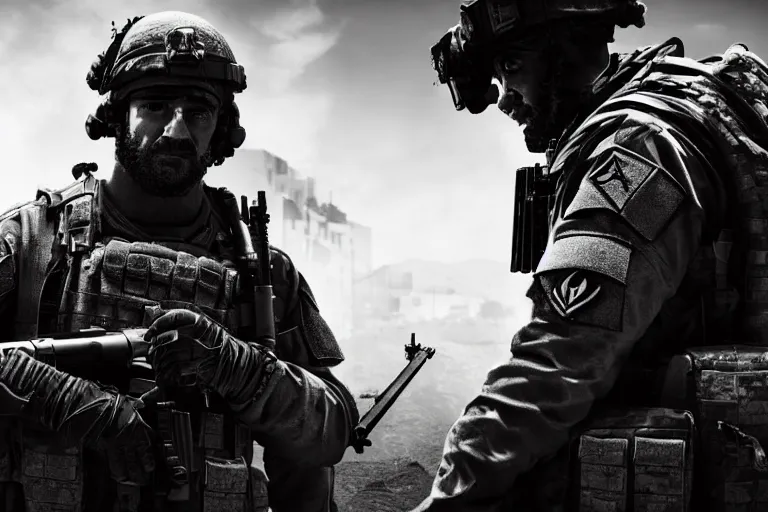 Image similar to still photo of modern warfare soldier looking at the camera in a battlefield, black and white color aesthetic, highly detailed, photorealistic portrait, bright studio setting, studio lighting, crisp quality and light reflections, unreal engine 5 quality render