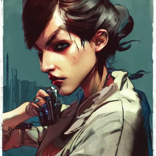 Prompt: concept art character, very high angle view, book cover, very attractive woman with full lips, walking in cyberpunk valley highly realistic, fine details, borderland 3 style, Painting, by Ashley Wood and Jamie Hewlett