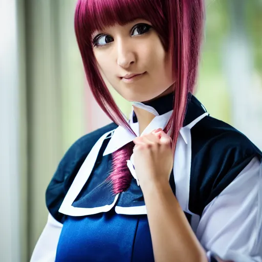 Image similar to a symmetric and beautiful face, professional full length high definition photo of a young woman with twin tails and maid uniform, photo taken with Sony a7R