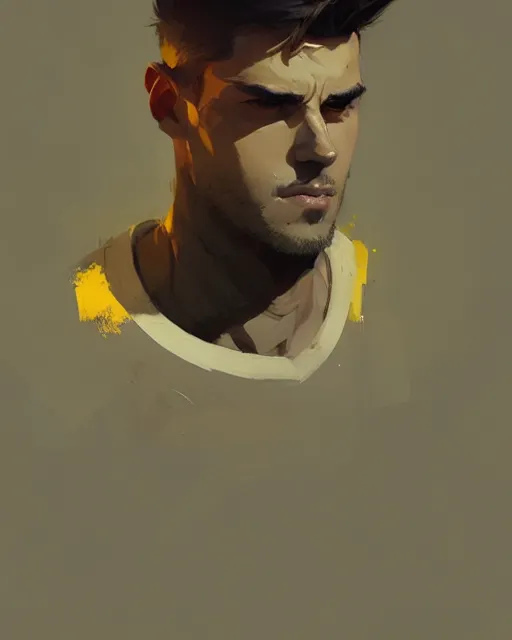 Image similar to hyper - realistic portrait of attractive brunet male by atey ghailan, by greg rutkowski, craig mullins, by greg tocchini, by james gilleard, by joe fenton, by kaethe butcher, dynamic lighting, gradient light yellow, brown, blonde cream and white color scheme, grunge aesthetic