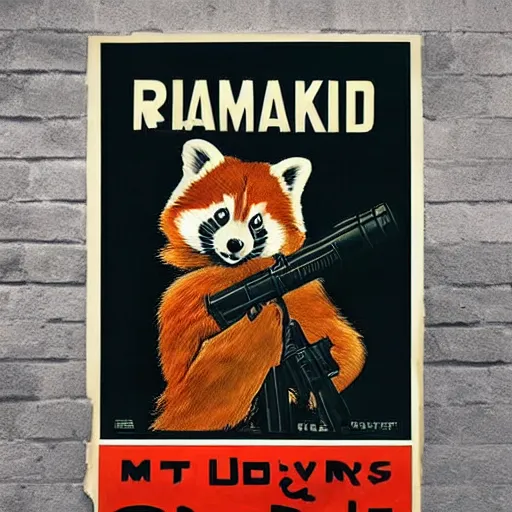 Image similar to red panda holding a rocket launcher!!! a propaganda poster!!!, stencil!!, hypnotic, historical poster, germany!!, clear view, world war, circa 1 9 3 9, stencil