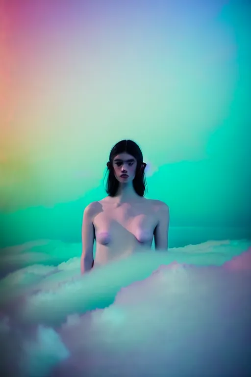 Image similar to high quality pastel coloured film close up wide angle photograph of a model wearing clothing swimming on cloud furniture in a icelandic black rock!! environment in a partially haze filled dreamstate world. three point light, rainbow. photographic production. art directed. pastel colours. volumetric clouds. pastel gradient overlay. waves glitch artefacts. extreme facial clarity. 8 k. filmic.