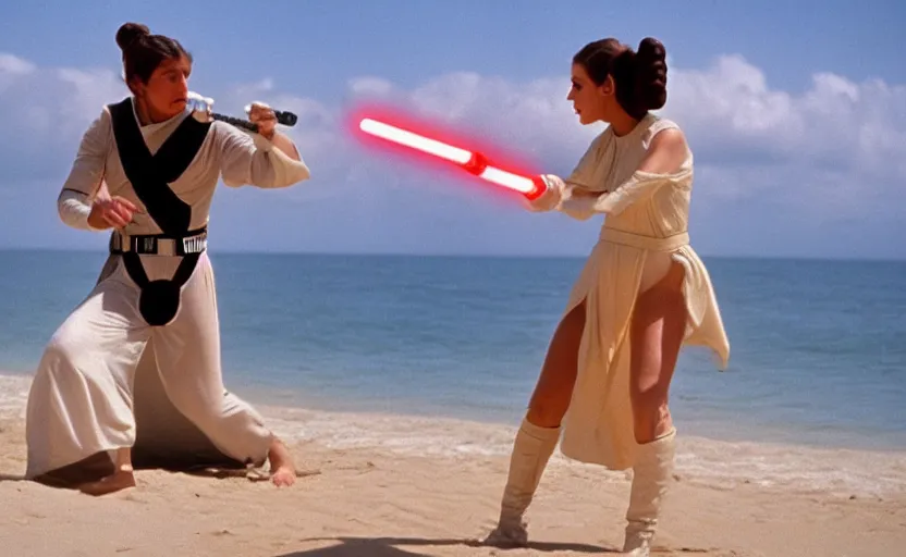 Image similar to portrait Princess Leia using lightsaber against Luke Skywalker on the beach, 1980s film directed by Stanley Kubrick, iconic scene, carrie fischer's photoreal face, stunning cinematography, hyper-detailed, sharp, anamorphic lenses, kodak color, 4k