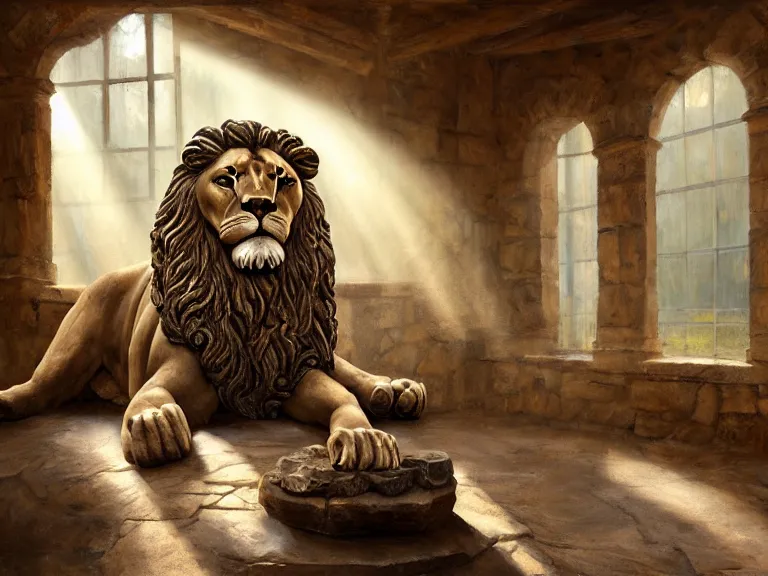 Prompt: expressive rustic oil painting, a stone workshop with in the center an impressive large statue of a lion, dust, ambient occlusion, morning, rays of light coming through windows, dim lighting, brush strokes oil painting