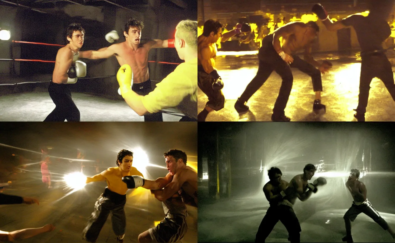 Prompt: 2004 James Franco fighting a guy on a warehouse with a strong bright yellow light shining behind them, and there is water inside of it, Movie Scene.