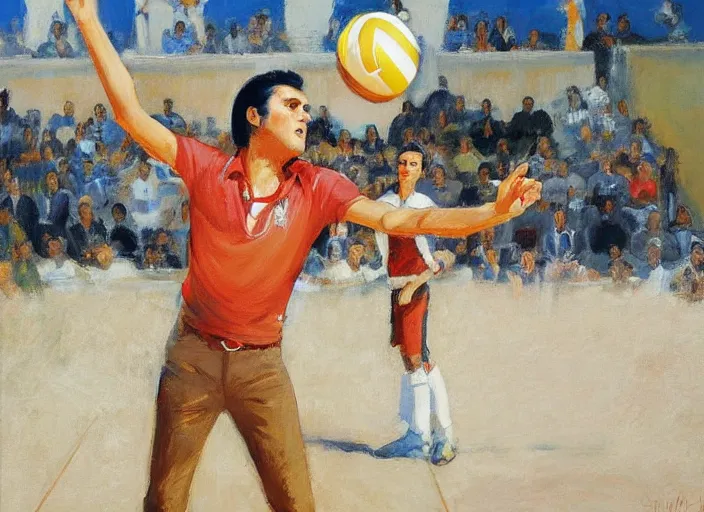 Image similar to a highly detailed beautiful portrait of elvis presley playing voleyball, by gregory manchess, james gurney, james jean