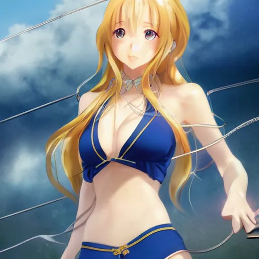 Image similar to a very beautiful young yuuki asuna, full body, long wavy blond hair, sky blue eyes, full round face,, shiny golden bikini, miniskirt, front shot, locked in a bright prison cell, highly detailed, cinematic wallpaper by stanley artgerm lau