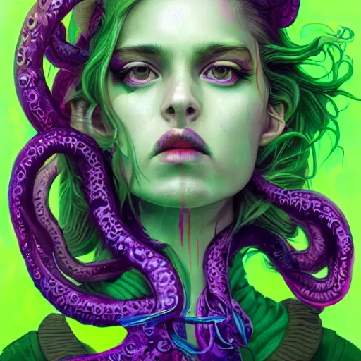 Prompt: art portrait of a furious girl with purple tentacles on her head and bright green eyes, 8k,by tristan eaton, Stanley Artgermm,Tom Bagshaw,Greg Rutkowski,Carne Griffiths,trending on DeviantArt, face enhance,hyper detailed ,full of colour,