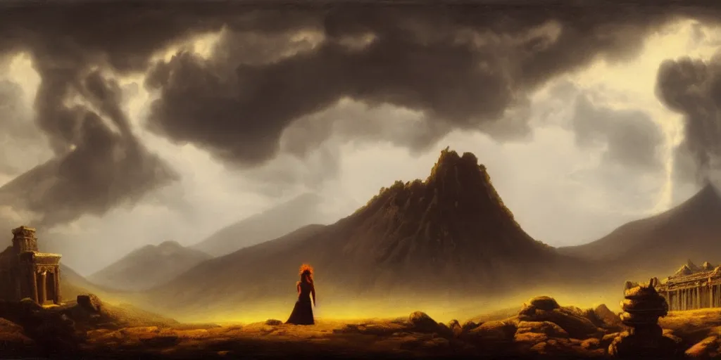 Prompt: a princess, shadow of the colossus, in front of a temple, at a volcano, storm clouds, dramatic lighting, hudson river school