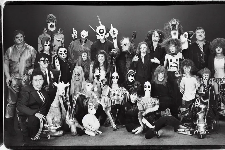 Prompt: tintype photo of a group of people, zippy from rainbow childrens tv show, harry hill, darth maul, edward scissorhands, princess diana, giant seahorse, frankie boyle, jackie chan, mr hedgehog, jessica rabbit, maradona. everyone is standing behind a llama