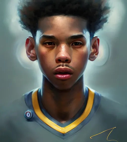 Prompt: portrait of a boy playing basketball wearing a basketball uniform, intricate, elegant, highly detailed, centered, digital painting, artstation, concept art, smooth, sharp focus, illustration, by Peter Mohrbacher, WLOP