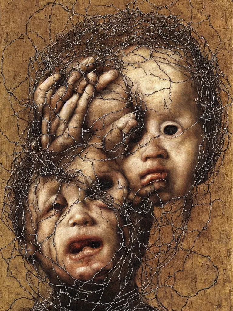 Image similar to a boy made of barbed wire looking into camera, screaming in pain, by giuseppe arcimboldo and ambrosius benson, renaissance, intricate and intense oil paint, a touch of beksinski and hr giger and edward munch, realistic