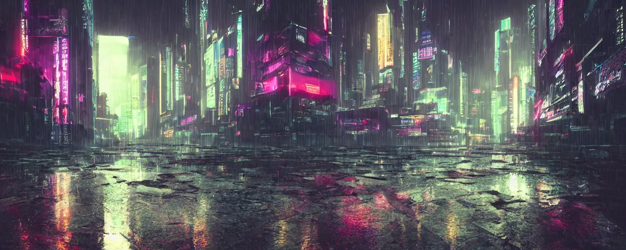 Image similar to cyberpunk landscape, synth, rainy, overcast, puddles