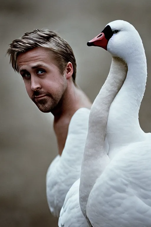 Image similar to ryan gosling fused with a white goose, wings, humanoid, hands, natural light, bloom, detailed face, magazine, press, photo, steve mccurry, david lazar, canon, nikon, focus