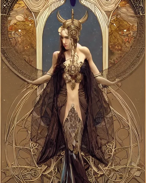 Image similar to tarot card, high priestess, Art nouveau, intricate, elegant, highly detailed, concept art, sharp focus, beautiful face!!, digital art, smooth, by Bastien Deharme, Brom, trending on Artstation, Alphonse Mucha