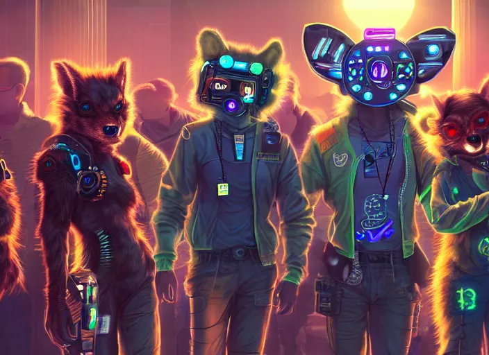 Image similar to high - resolution photograph from a cyberpunk era furry fandom convention ( midwest furfest 2 0 4 7 ), taking place after the genetic revolution and quantum singularity. photorealistic.