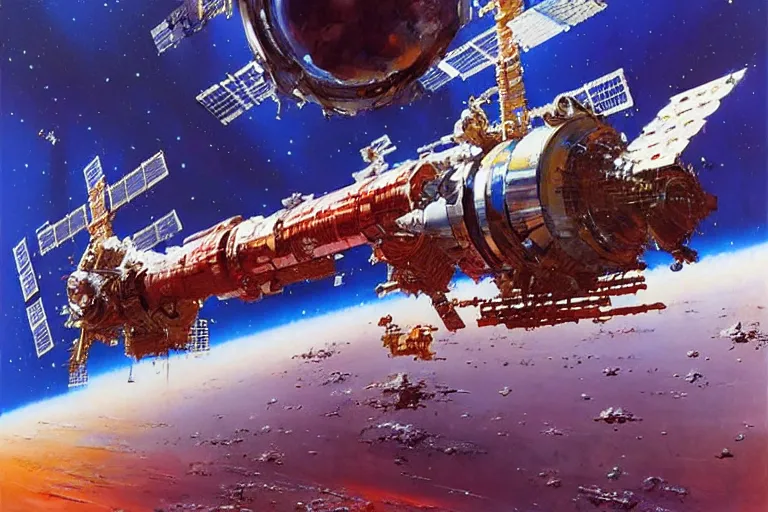 Prompt: a space station orbiting a red planet, art by john berkey, john berkey artwork