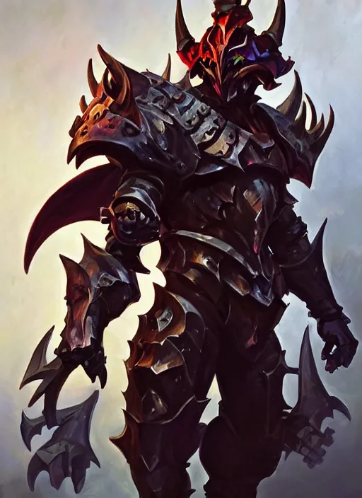 Image similar to Greg Manchess portrait painting of a demonic, devil armored character from league of legends, full shot, asymmetrical, profile picture, Organic Painting, sunny day, Matte Painting, bold shapes, hard edges, street art, cybernetic, metalic, robotic, trending on artstation, by Huang Guangjian and Gil Elvgren and Sachin Teng