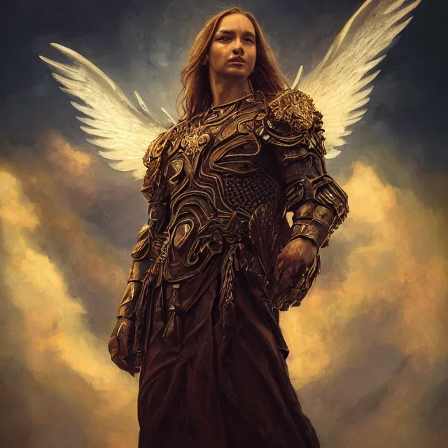 Image similar to majestic gracious archangel michael portrait, atmospheric lighting, painted, menacing, intricate, volumetric lighting, beautiful, rich deep colours masterpiece, golden hour, sharp focus, ultra detailed, by leesha hannigan, ross tran, thierry doizon, kai carpenter, ignacio fernandez rios