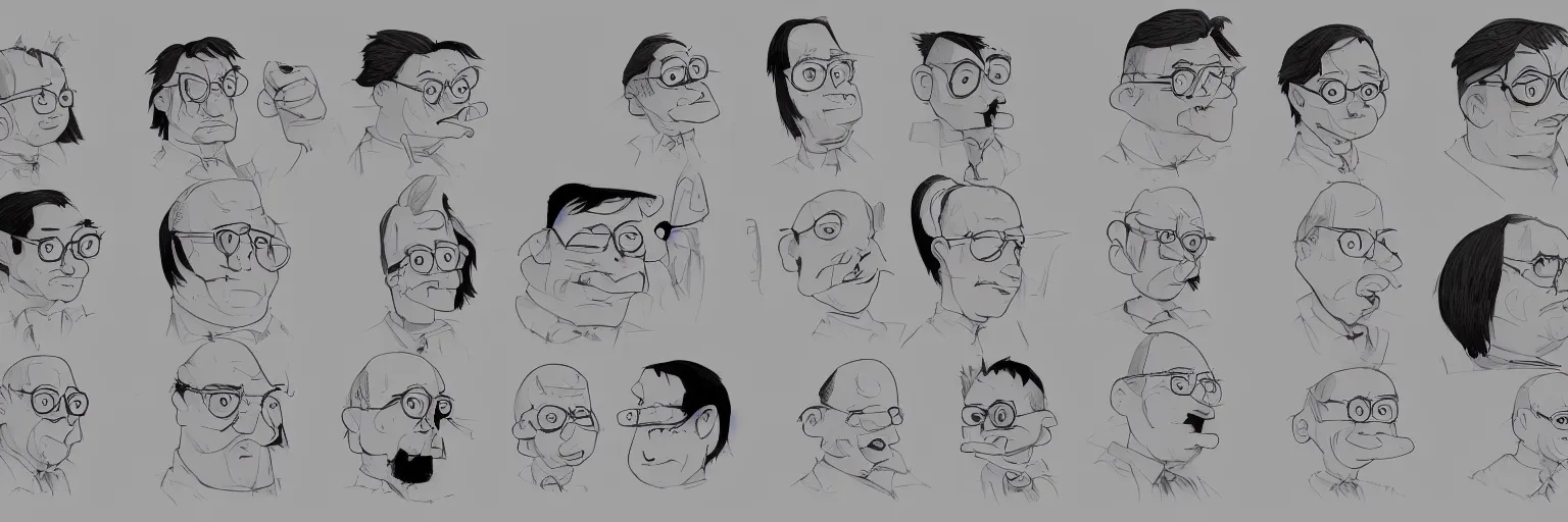Prompt: colored character study of mike patton and todd solondz, clear, evil, glasses, character sheet, fine details, concept design, contrast, kim jung gi, da vinci and pixar, trending on artstation, 8 k, full body and head, turnaround, front view, back view, ultra wide angle