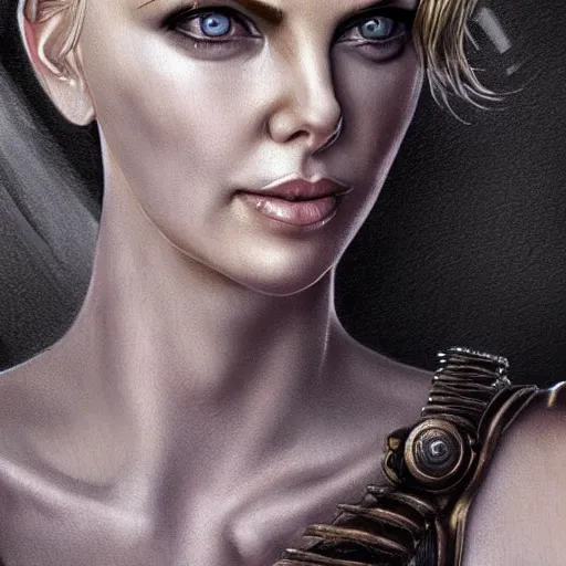 Image similar to beautiful Charlize Theron, perfect face and boy, in detailed steampunk dress, smooth, sharp focus, illustration, realistic, cinematic, artstation, cinematic, award winning, original modern artwork, set on H. R. Giger aesthetic, rgb ethereal lighting,8k