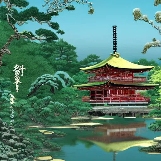 Prompt: An extremely detailed picture of a Japanese pavilion hanging over glassy waters, gardens of Weeping Willows and Japanese Stewartia, in the style of Magic the Gathering, 4k, mirror lake, highly detailed, f32, trending on artstation, by Makoto Shinkai and Hokusai and Utagawa Hiroshige