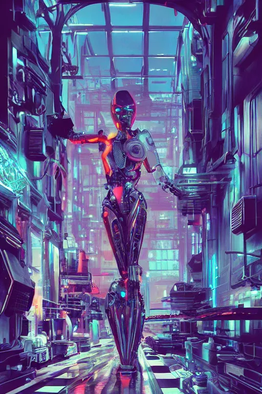 Image similar to the most amazing dream you ever had about beautiful woman transhumanism artificial intelligence singularity, robot factory, hyper realistic, concept art, intricate, hyper detailed, smooth, syd mead, high contrast, neon, volumetric lighting, octane, raytrace, moebius, snowcrash