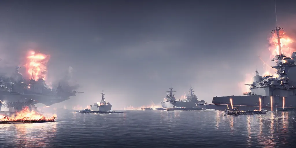 Prompt: a naval battle far away with battleships and torpedoes in a foggy night with fire and bullet tracers flying and black smoke, octane render, hyper-realistic, 8k, 4k, insanely detailed intricate, high detail, high definition, photorealistic,