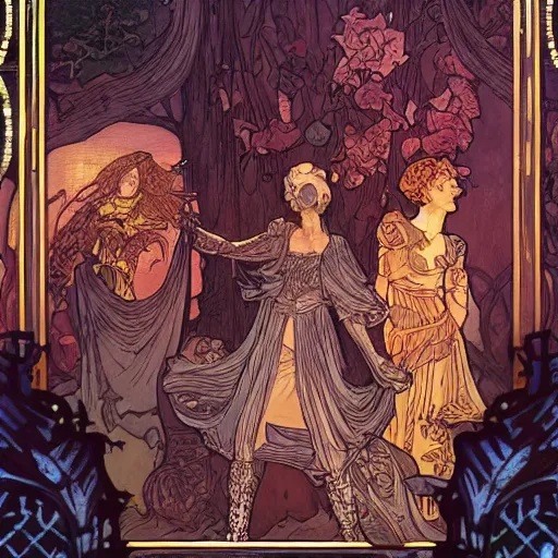 Image similar to a detailed tarot card of disco elysium video game, intricate, elegant, highly detailed, 4 k, digital painting, artstation, concept art, sharp focus, volumetric lighting, octrane render, art by rebecca guay and by arthur rackham and by alphonse mucha and by john william waterhouse