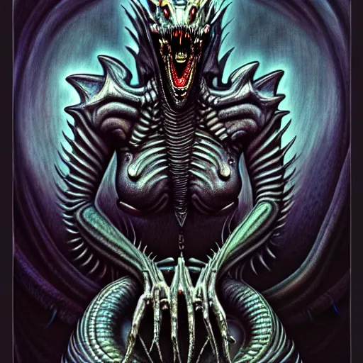 Image similar to Giger portrait of queen dragon, Dragon in dragon lair, HD, full body dragon concept, flying dragon, soft shading, hyperdetailed, wide angle lens, fantasy, futuristic horror, style of giger