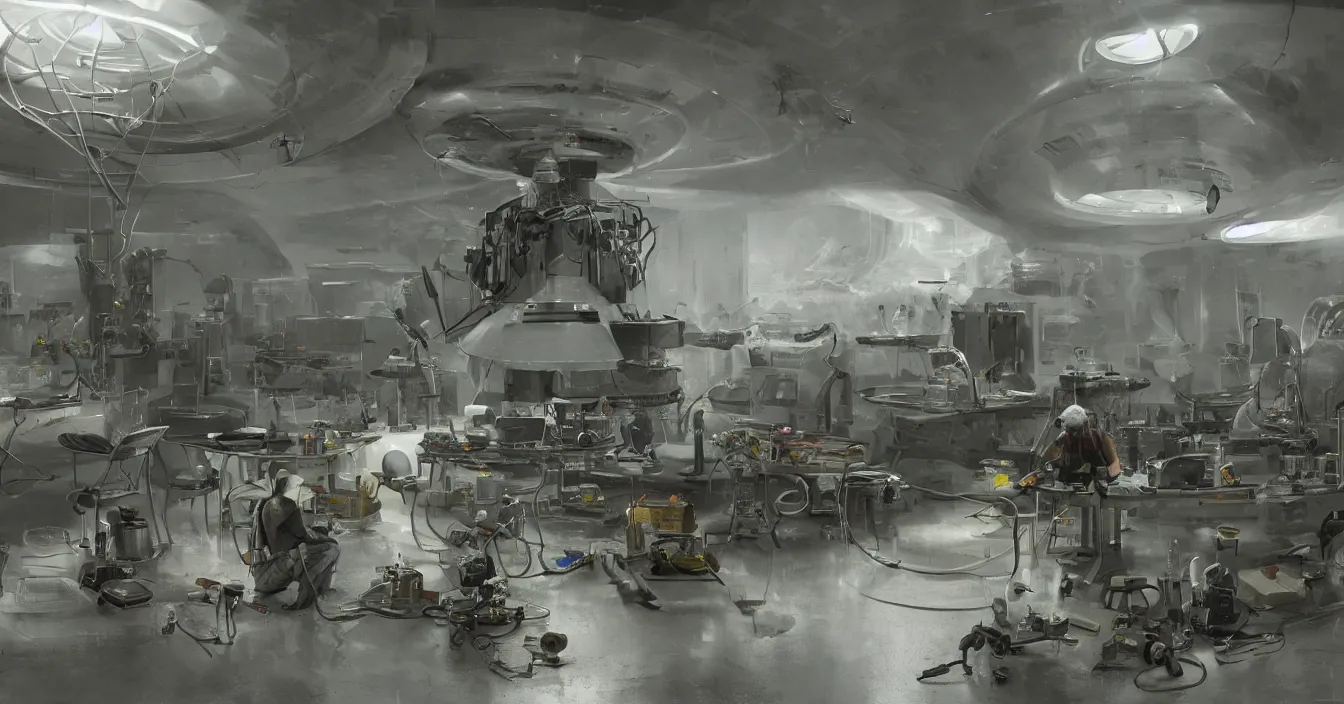 Image similar to engineer repairs secret flying saucer full of modern military equipment, in the laboratory full of tools and electronic machines, high details, volume raytracing fog, wet reflective ground, by james paick, by ilm, by digital domain, by weta digital