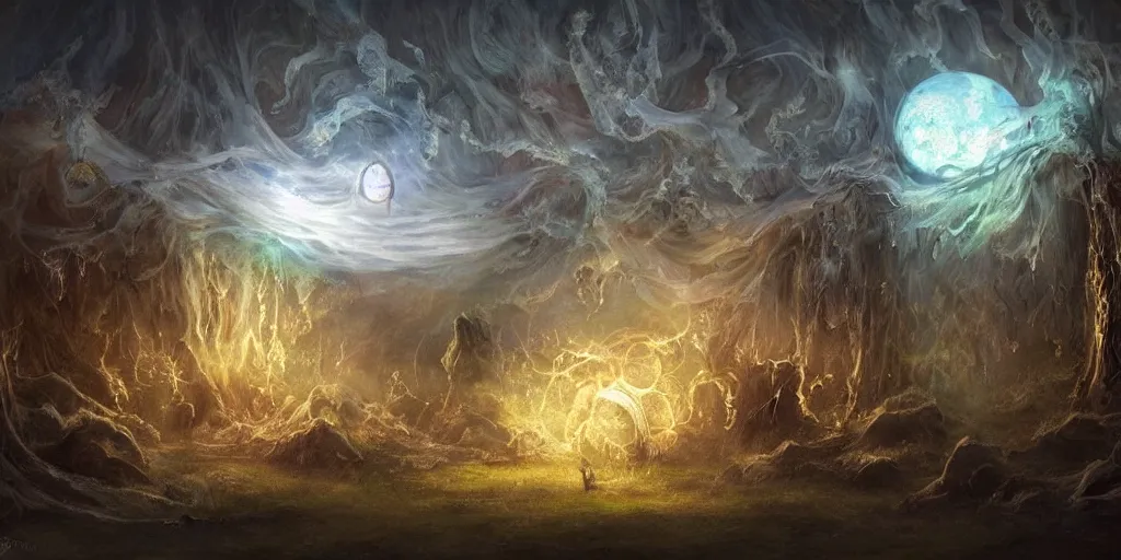 Image similar to concept art of translucent glowing fairies, lovecraftian, renaissance, melting, round moon, rich clouds, fighting the horrors of the unknown, very detailed, volumetric light, mist, fine art, decaying, textured oil over canvas, epic fantasy art, very colorful, ornate scales