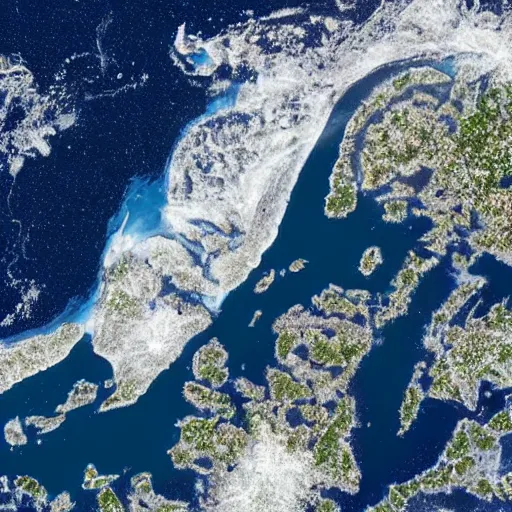 Prompt: a satellite image of an archipelago with lights