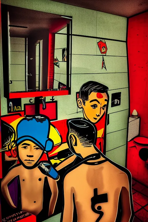 Image similar to comfort boys room, aesthetic, popular subject art style, pop art style, by mike swiderek, jorge lacera, ben lo, tyler west,, ultrarealistic, sharp focus, intricate, ultra high definition, ultra resolution details, no duplicate, proportional, shadow effect, baroque environment