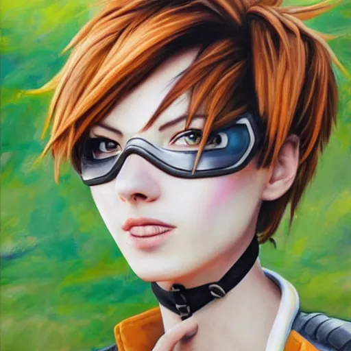 Image similar to oil painting of tracer overwatch in a field wearing tall steel choker around neck, in style of mark arian, expressive face, detailed face, detailed eyes, full body, feminine face, tracer overwatch,