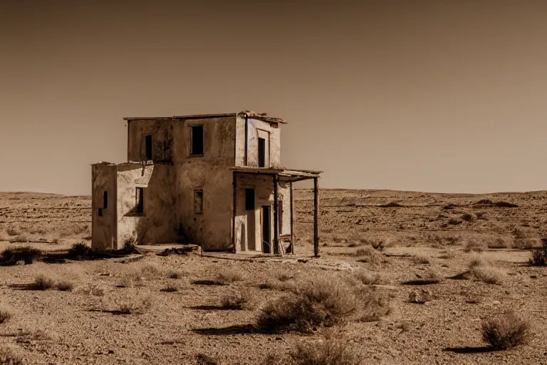 Prompt: desolate house in the middle of the desert, golden hour, dramatic, desolate, award winning