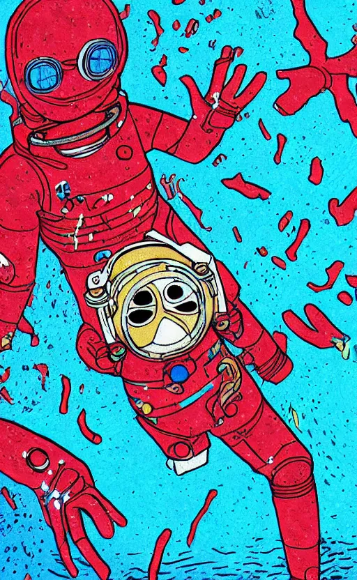 Image similar to drowning astronaut under water, red or blue plants, panic, hyperdetailed, hyperrealistic, cyberpunk style