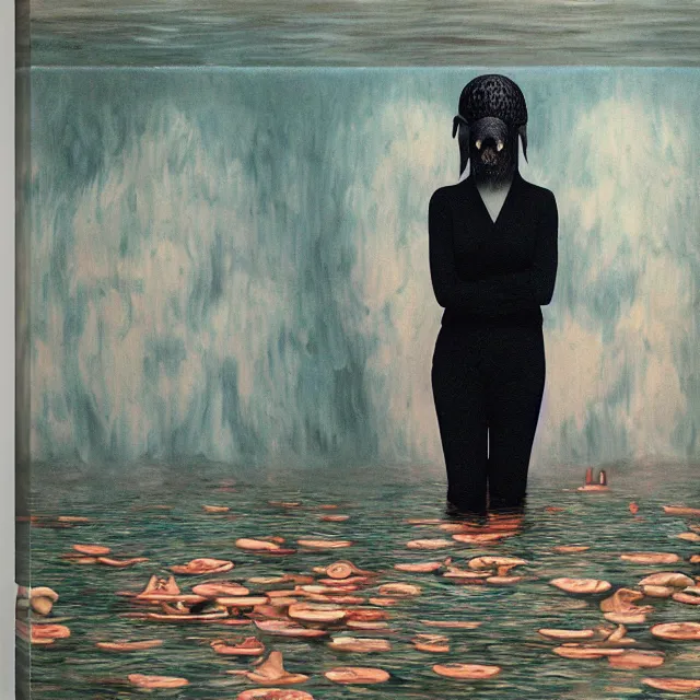 Image similar to tall female emo artist wearing a pig mask in her flooded apartment, mushrooms, octopus, water gushing from ceiling, painting of flood waters inside an artist's apartment, a river flooding indoors, pomegranates, ikebana, zen, rapids, waterfall, black swans, canoe, berries, acrylic on canvas, surrealist, by magritte and monet